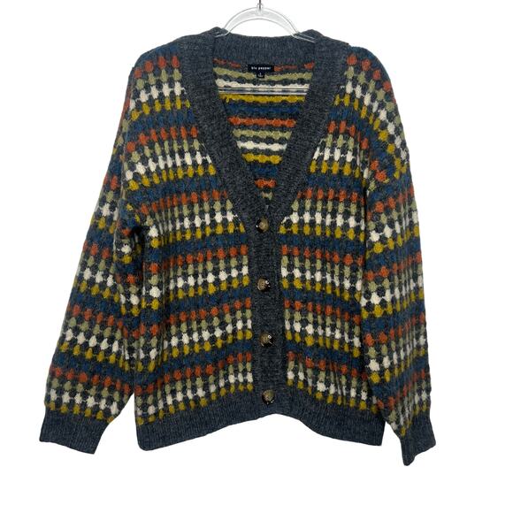 BLU PEPPER Diamond Print Button Front Cardigan Wool Blend Multicolor Womens Sz L - Picture 8 of 8